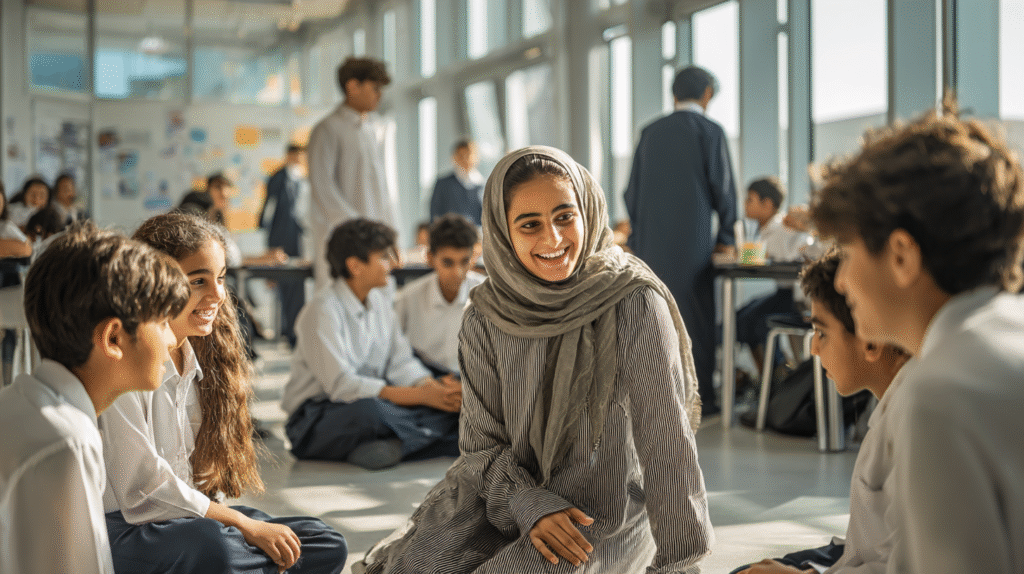 Students using lockable phone pouches for schools in the UAE